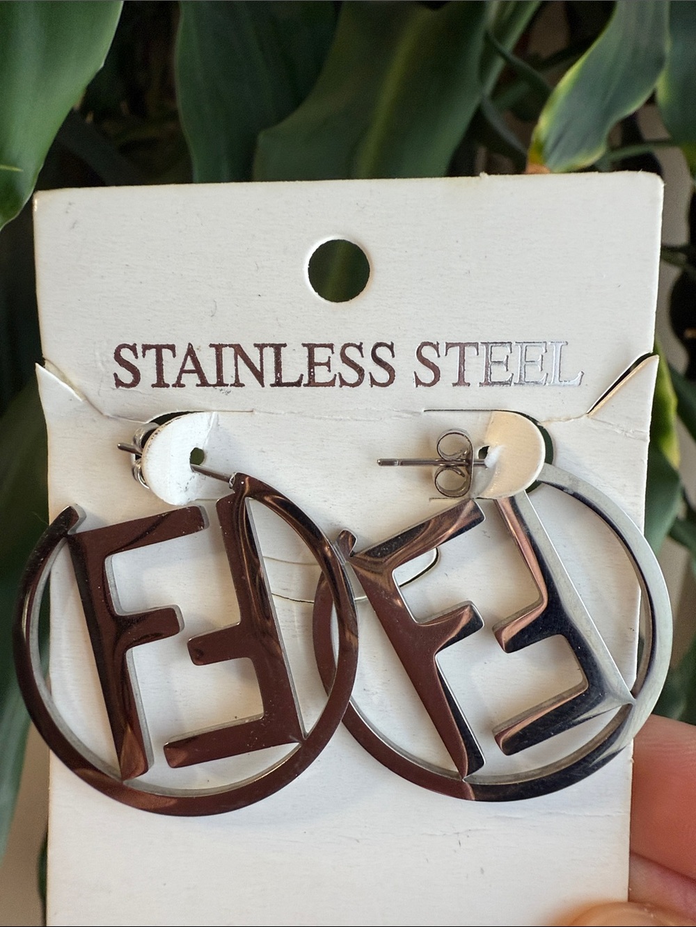 Stainless Steel Hoop Initial F Earrings - Silver Tone